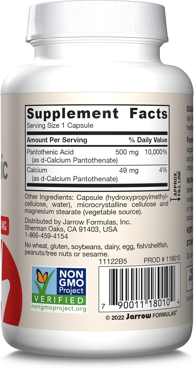 Jarrow Formulas Pantothenic Acid B5 500 mg - 100 Veggie Caps - Essential B Vitamin - Energy Production & Metabolism Support - 100 Servings (Pack of 2)
