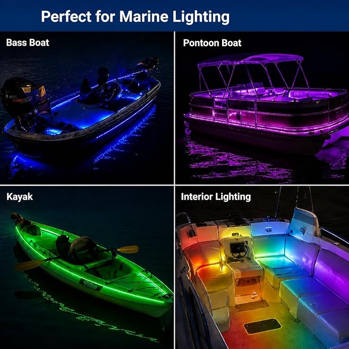 Boat Marine Led Strip Lights RGB, 12V 4 Pcs 20'' Waterproof Boat Interior Light, Built-in Controller, Night Fishing Light, Super Bright Boat Deck Courtesy Lighting for Pontoon Bass Boats Kayak