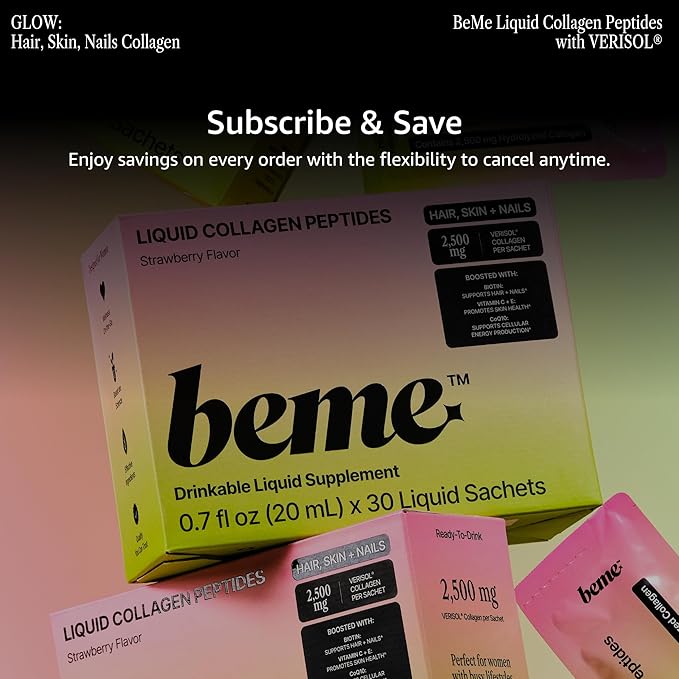 BeMe リキッドコラーゲン(女性用) - Verisolコラーゲン液2500mg、ビオチン、CoQ10、ビタミンC配合 - 臨床試験済みの髪、肌、爪用コラーゲンペプチド 0.7fl oz (20ml) x 15包 (ストロベリー)