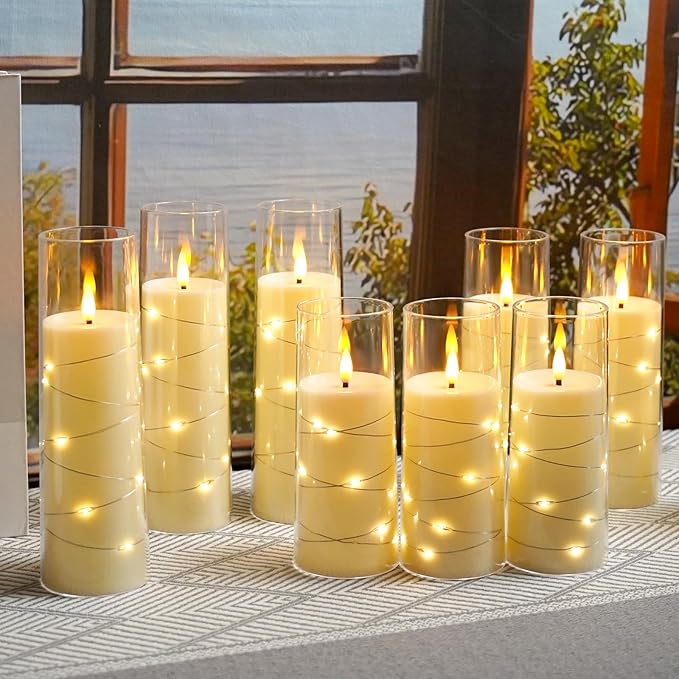 kakoya Flameless LED Candles with Timer 9 Pc Flickering Flameless Candles for Romantic Ambiance and Home Decoration Stable Acrylic Shell,with Embedded Star String,Battery Operated Candles(Ivory)