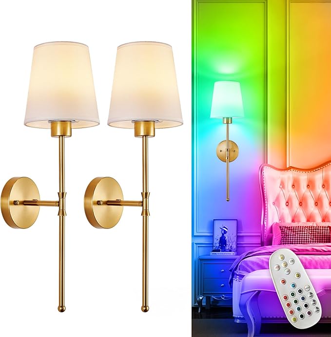 Depuley Battery Operated Wall Sconce: Set of 2 Wireless Wall Lights with 10000mAh Dimmable Bulbs and Remote for Bedroom - Rechargeable 15 Colors Gold Wall Lamp for Living Room Hallway