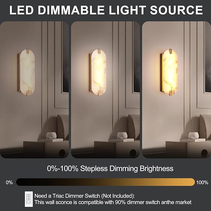 14.17in Alabaster Wall Sconces, Natural Marble Wall Light, Modern LED Alabaster Sconces for Living Room Indoor Wall Lamps for Dining Room Stairs Bedroom,Brushed Gold