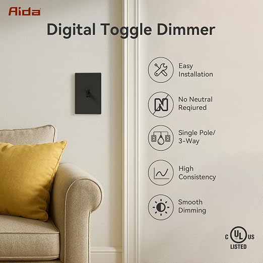 AIDA Digital Toggle Dimmer Switch for Dimmable LED, CFL & Incandescent Bulbs, Single Pole/3-Way, Screwless Wall Plate Included, UL Listed, No Neutral Wire Needed, Black, (4 Pack)