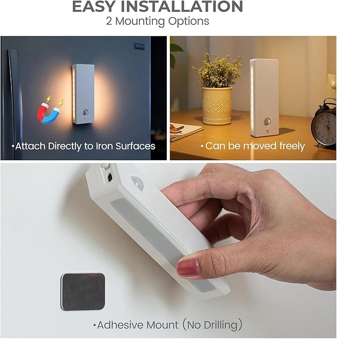 LED Backlit Motion Sensor Night Light, Rechargeable Night Light, Mini Stick-On Night Lights, Soft Two-Sided Glow, Magnetic, 3-Color Adjustable, for Bedroom, Toilet, Hallway & Cabinet (ABS *1pack)