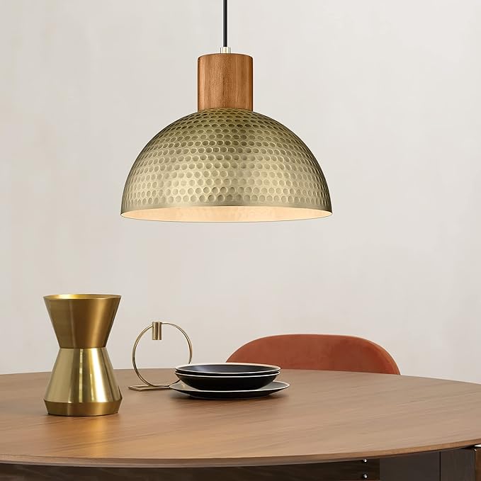 ELYONA Vintage Pendant Light Fixtures, 12ā Brushed Brass Hammered Metal & Rubber Wood Industrial Dome Hanging Lamp, Antique Gold Kitchen Pendant Light for Island, Farmhouse, Sink, Dining Room, Hallway