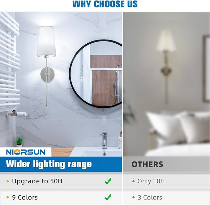 NIORSUN Brushed Nickel Battery Operated Wall Sconce Set of 2,Rechargeable Wall Lights with 10400mAh Dimmable Detachable Bulbs and Remote,9 Colors Wireless Sconces for Bedroom Living Room Hallway