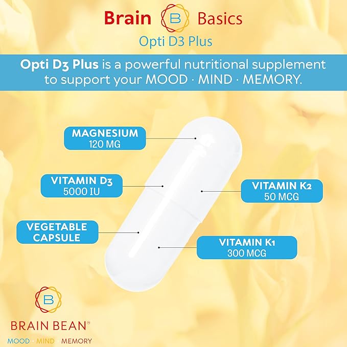 Brain Basic Opti D3 Plus - Vitamine D3 5000 UI avec K1, K2 et Magnésium - Supplément de Soutien Cérébral pour l'Humeur, l'Esprit, la Mémoire - Santé des Os, des Muscles et du Système Immunitaire - Sans Gluten, Sans Soja et Sans Produits Laitiers