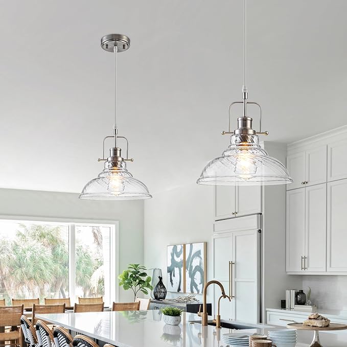 WILON Brushed Nickel Striped Glass Chandelier Pendant Lights Kitchen Island Lighting, Modern Hanging Lamp for Sink Dining Room Over Table Hallway Entryway Bar Foyer Bathroom