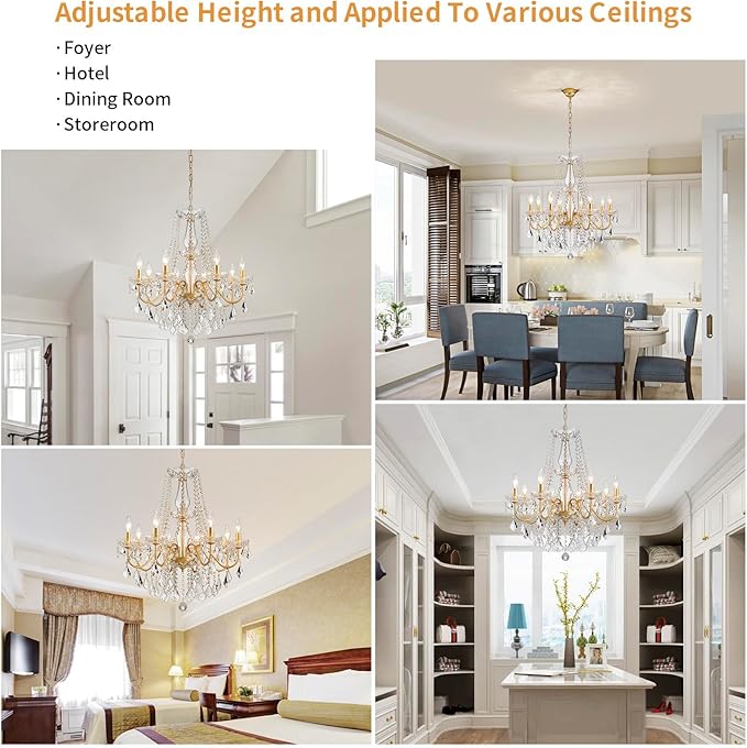 Gold Crystal Chandelier, 8-Light Crystal Chandeliers for Dining Room Light Fixture, Crystal Pendant Ceiling Light Modern Gold Lighting Fixture for Living Room Hallway Foyer Bedroom Kitchen Bathroom