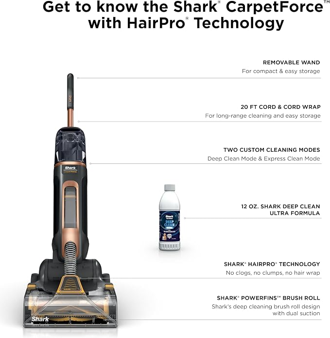 Shark CarpetForce Ultra Upright Carpet Cleaner with HairPro, PowerFins Brushroll, Two Cleaning Modes, Deep Clean Ultra Solution, Powerful Stain and Odor Removal, Copper, EX551
