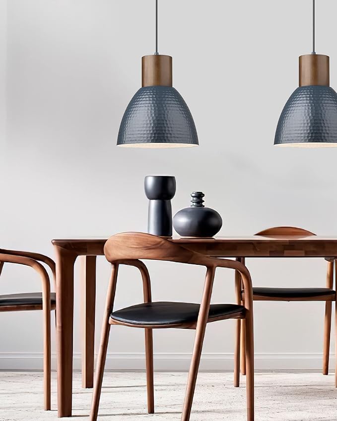 ELYONA Hammered Pendant Lights for Kitchen Island, 7” Small Solid Wood Hanging Light Fixtures, Adjustable Height Industrial Metal Pendant Light Fixtures for Bar Dining Room Bedroom Office, Modern Blue