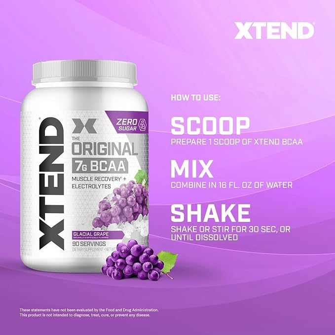 Xtend Original BCAA Powder, 7g BCAAs and 2.5g L-Glutamine for Muscle Recovery Hydration and Lean Muscle, Sugar Free Intra and Post Workout Drink with Electrolytes, Glacial Grape, 90 Servings
