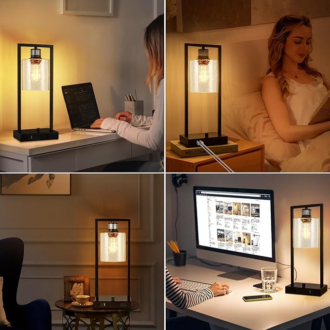 16" Desk Lamps for Home Office, Bedside Lamps with USB C+A Ports and Outlet, Black Fully Stepless Dimmable Industrial Table Lamps with Seeded Glass Shade for Reading Living Room, LED Bulbs Included