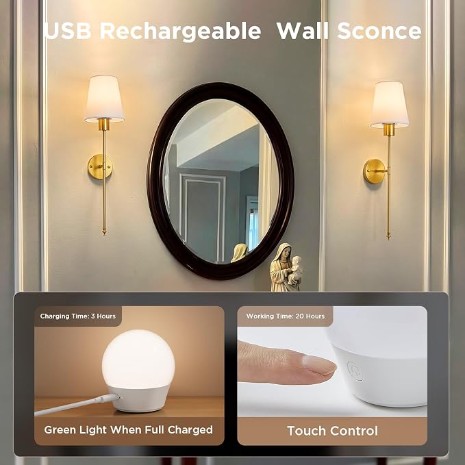 Brightown Battery Operated Wall Sconces Set of Two, RGBWW Wireless Rechargeable Wall Lights with Dimmable Magnetic Bulbs and Remote, Gold Wall Lamp for Living Room Bedroom Hallway Decor