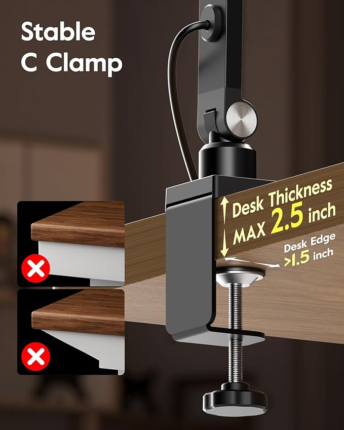 LitONES Led Desk Lamp with Clamp, 2000LM Dimmable Home Office Desktop Light, 3000k-6500k Adjustable Swing Arm Ring Light for Video Conference, Study, Reading, Zoom Calls, Streaming (White)