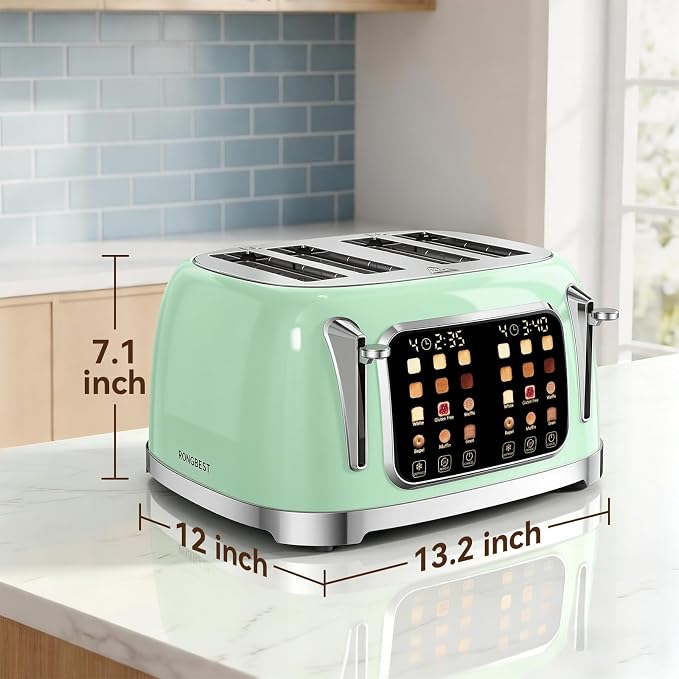 RONGBEST Retro Stainless Steel Toaster 4 Slice with Wide Slot Touch Screen, 6 Browning Levels for Breakfast Bagel & Bread, Reheat & Defrost, Removable Crumb Tray, Mint Green