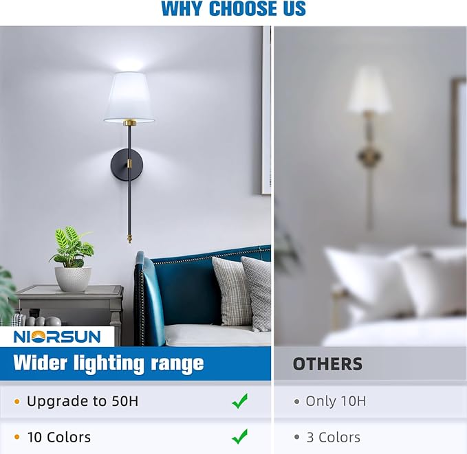 NIORSUN Battery Operated Wall Sconce Set of 2,Gold-Black Rechargeable Wall Lights with 10400mAh Dimmable Bulbs and Remote,9 Colors Wireless Wall Lamps for Bedroom Living Room Hallway Decor