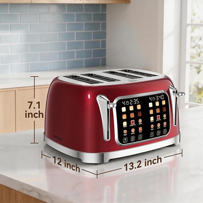 RONGBEST Retro 4 Slice Stainless Steel Toaster with Wide Slot Touch Screen for Family Breakfast, Reheat & Defrost, 6 Browning Levels for Bagel & Bread, Easy Removable Crumb Tray, Red Pearl