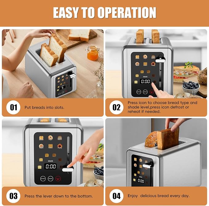 Touch screen Toasters 2 slice,Stainless Steel Digital Timer Toaster with Sound Function,6 Bread Types & 6 Shade Settings,Smart Extra Wide Slots Toaster with Bagel,Defrost Functions,Silver