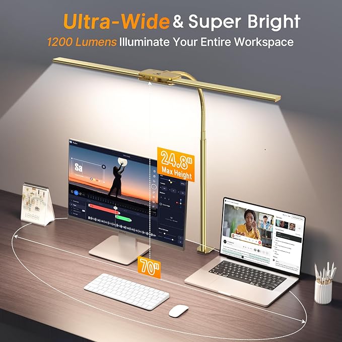 Syrinx LED Desk Lamp for Office Home, Dual Head Eye-Care Architect Table Lamp, Gesture/Wired Control, Flexible Neck, Bright Desk Light with Memory/Timer, 50 Lighting Modes for Study, Drafting, Gold