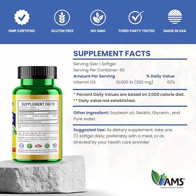 America Medic & Science Xtra D3 Vitamine D 10 000 UI (250 mcg) Cholecalciferol Supplément pour Hommes et Femmes (120 Gélules Faciles à Avaler) Idéal pour la Santé des Os, du Cœur, le Soutien du Système Immunitaire, la Fonction Pulmonaire