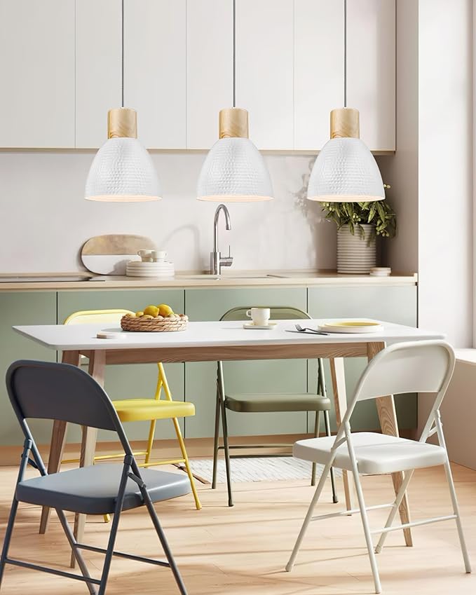 ELYONA 3 Pack White Hammered Pendant Lights for Kitchen Island 7” Small Nordic Solid Wood Hanging Light Fixtures, Modern Metal Pendant Light Fixtures for Bar, Dining Room, Bedroom, Hallway, Office