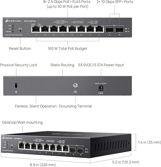 TP-Link SG2210XMP-M2 Omada 8-Port 2.5GBASE-T and 2 10GE SFP+ Smart Switch with PoE+