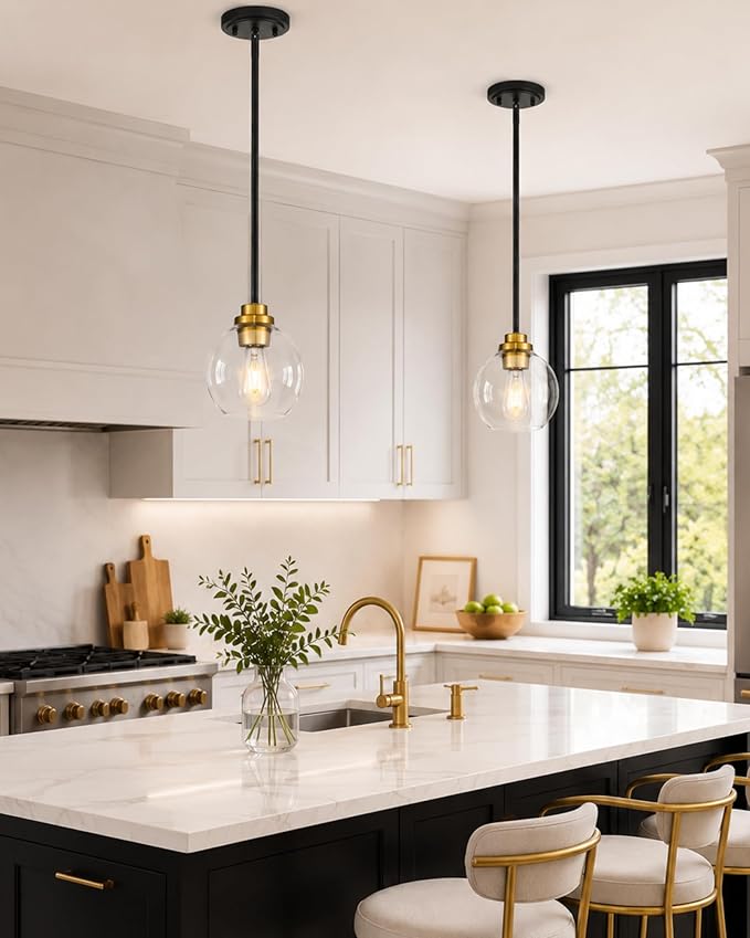Pendant Lights Kitchen Island 2 Pack, 7" Black and Gold Hanging Lights Fixtures with Clear Glass Globe Shade, Modern Kitchen Island Lighting for Bathroom, AD-22280-1P2-KG