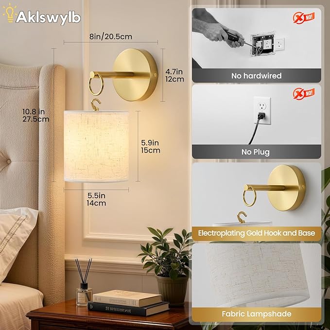 Detachable Wall Sconces Battery Operated With Hanging Hook,10000mah Battery Operated Wireless Wall Sconces Set of Two,12 RGB Gold Sconce With Remote,Renter Friendly Wall Lamps for Living Room,Bedroom
