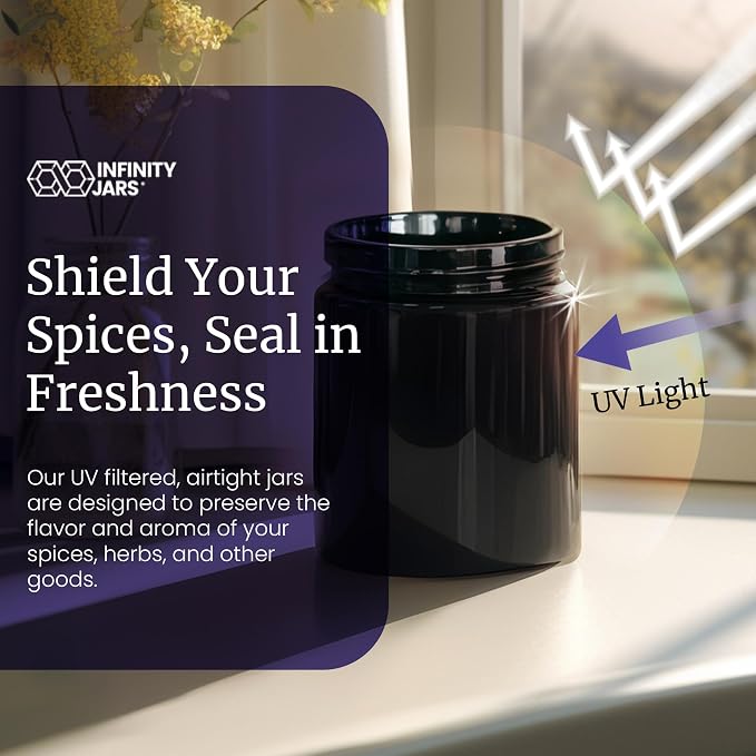 Infinity Jars, Premium Airtight Ultraviolet Glass Jar 250 ML (8.3 fl oz) Pack 10 Smell Proof, Antistatic, Light Blocking Container for Herbs, Coffee, Tea & Spices Durable, Travel-Friendly Storage