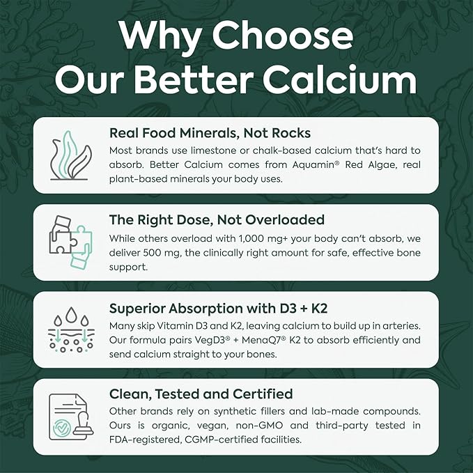 Organics Ocean Better Calcium - Organic Red Algae Calcium with Vitamin D3 and K2 Supplements - Supports Bone Structure, Joint Comfort & Encourages Healthy Aging - Plant-Based, Non-GMO - 3 Pack