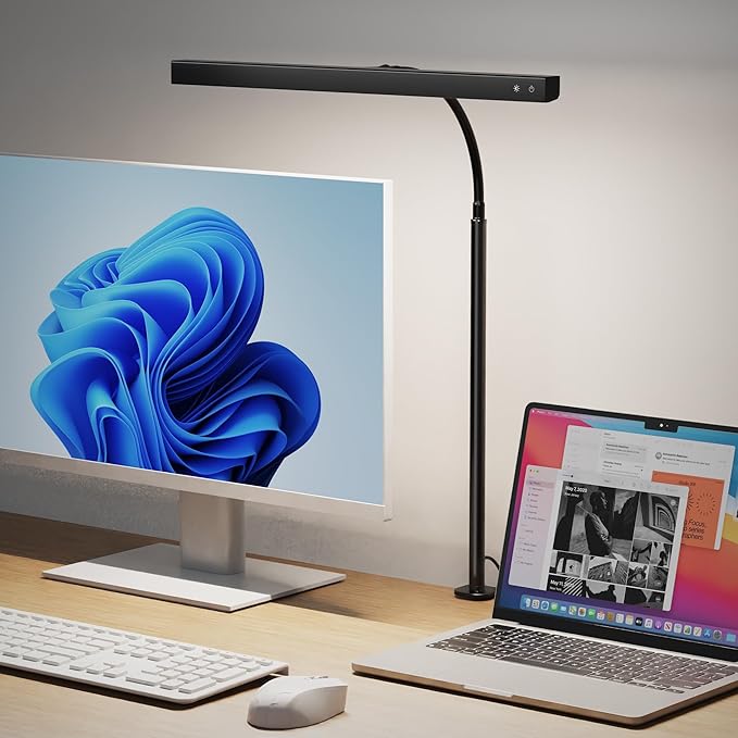 SUPERDANNY LED Desk Lamp for Office Home, Eye-Caring Desk Light with Adjustable Gooseneck, 12W Touch Control Dimmable Brightness, Architect Clamp Lamp with USB Adapter for Reading Study Workbench