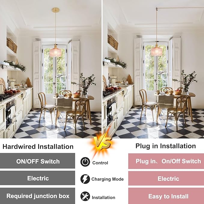 Shenmoyl Plug in Pendant Light Hanging Light Fixtures with Plugin Cord On/Off Switch,Pink Striped Glass Lampshade Brass Pendant Light