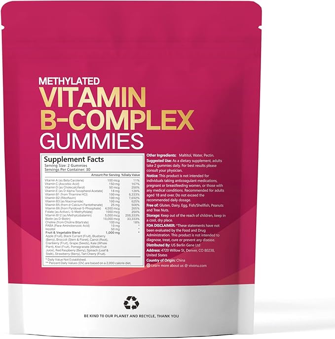 Gummies de Complexe de Vitamines B VivoNu, 6000 mcg de Vitamine B12 Méthylée, avec B6 B1, B2, B3, B5, B7, Méthylfolate, Vitamines A C D E, Véganes, Sans OGM, Vitamine B Complexe Méthylée (2 Sacs)