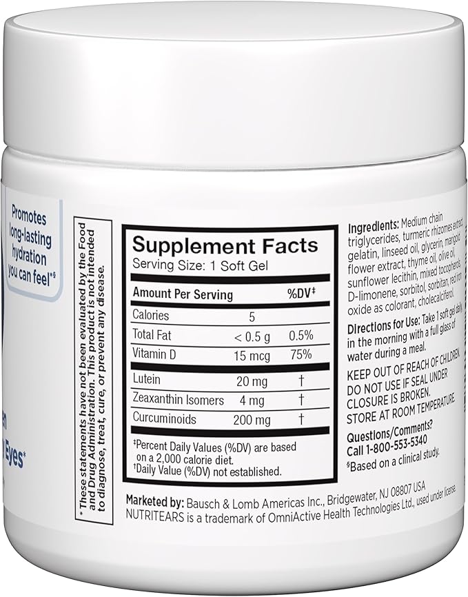 BLINK NutriTears Clinically Proven Supplement for Dry Eyes, Eye Care with Lutein & Zeaxanthin and Vitamin D to Hydrate Eyes from Within for Long-Lasting Relief, 30 Day Supply, 1 Softgel Per Day
