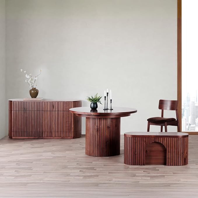 Transformer Table Round Sideboard Buffet Cabinet, Royal Brown | Hidden Drawers, Solid Wood, Integrated Table Panel Storage, Modern Dining Room