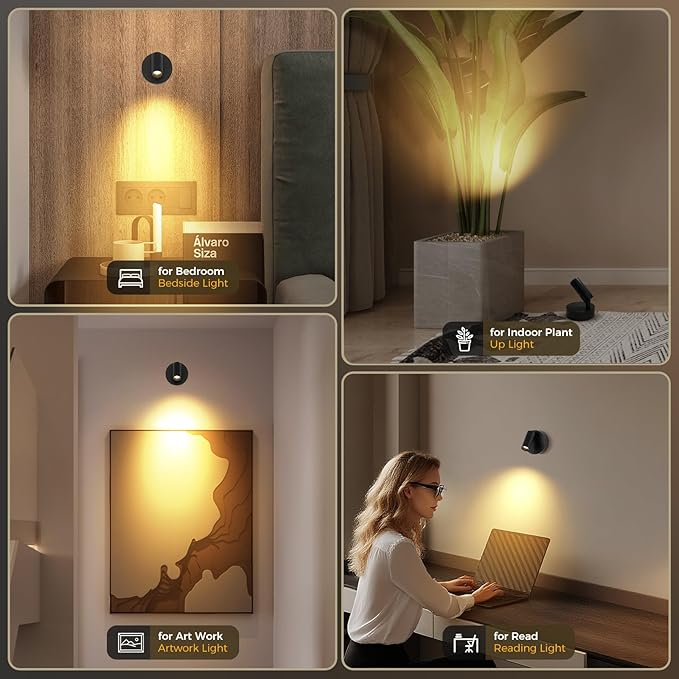 JOOSENLUX Spot Lights Indoor 3-Pack, 2600mAh Rechargeable Wireless Accent Lighting with Remote, 3CCT Dimmable Uplighting for Plants Art Wall Decor, Adjustable Arm Battery Spotlight, Black