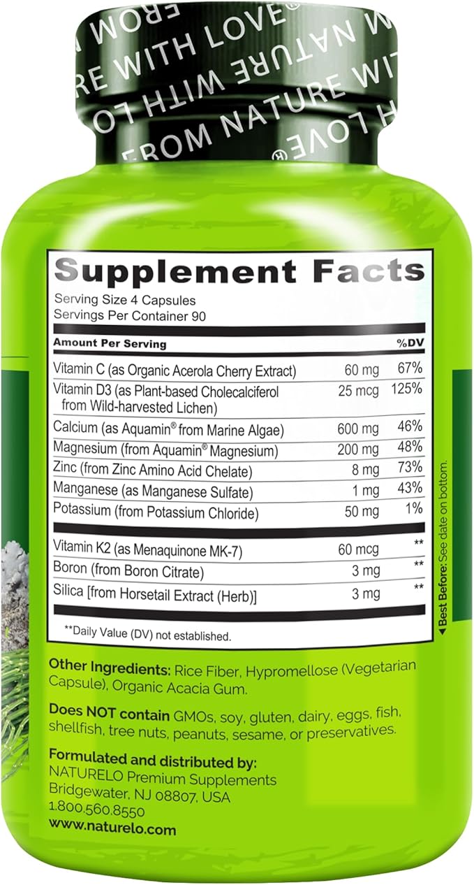 NATURELO Calcium Supplement with Vitamin C, D3, K2, and Magnesium Zinc for Bone Strength, 360 Vegetarian Capsules, with Calcium 600mg, Non-GMO, Plant-Based, Soy & Gluten-Free