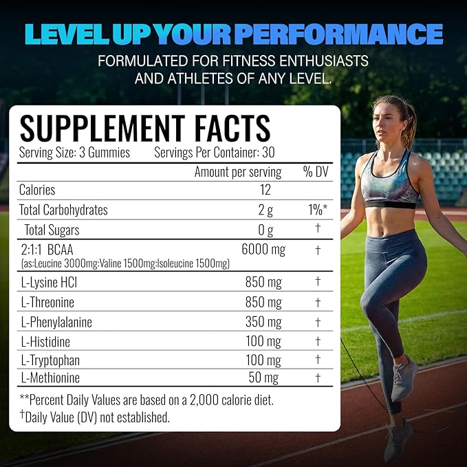 EAA Gummies - 2:1:1 BCAA Formula (8300mg) - Essential Amino Acids for Muscle Recovery & Endurance - Non-GMO, Gluten Free, Sugar Free, Vegetarian, Blue Raspberry Flavor - 90 Count