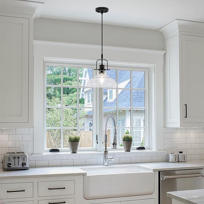 WILON Farmhouse Pendant Lights Kitchen Island Lighting, Black Pendant Light Over The Sink, Vintage Clear Glass Pendant Light, Industrial Hanging Light Fixture for Dining Room Over Table Bar Foyer