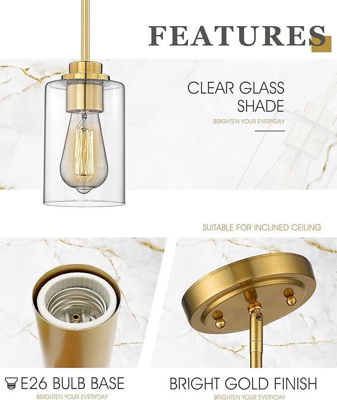 Brass Pendant Lights Kitchen Island 2 Pack, Farmhouse Gold Pendant Lighting with Clear Glass Shade, Mini Hanging Light Fixture for Kitchen Sink Dining, AD-22281-1P2-GD-C