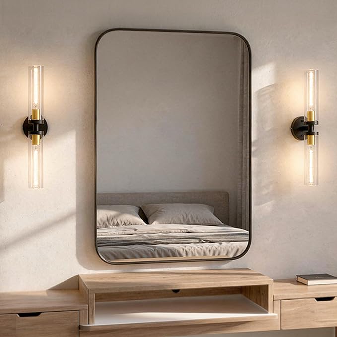 Black and Gold Wall Sconces Set of 2, Hardwired Bathroom Light Fixtures, Modern Bathroom Vanity Wall Lighting with Clear Glass Shade, Farmhouse Wall Sconce for Mirror Bedroom Hallway, E26 Base