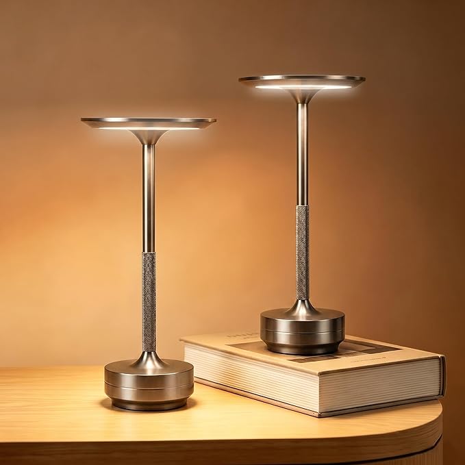 Rechargeable Cordless Table Lamp Set of 2, Portable Battery Operated LED Table Light, 3 Color Stepless Dimming with Touch Sensor & Memory Function for Outdoor Camping Patio café Restaurant Bars,Silver