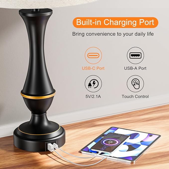 Seealle Upgraded Touch Lamps for Night Stands Set of 2 - Bedside Lamps with USB C+A, 3 Way Dimmable for Bedroom Living Room End Tables Office (Tall Beige&Black)