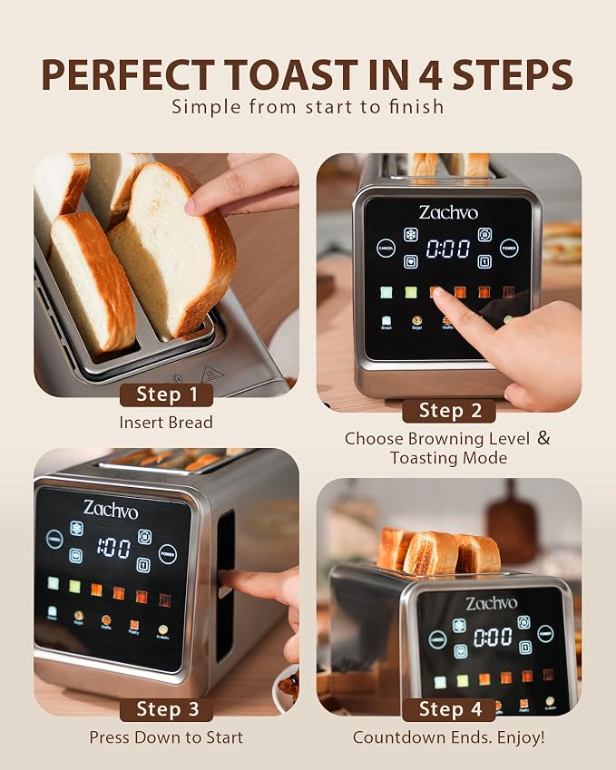 4 Slice Long Slot Toaster with Touchscreen, Memory Function, Extra Wide Slots for Bagels & Artisan Bread, Digital Timer, Reheat & Defrost, Slim Stainless Steel