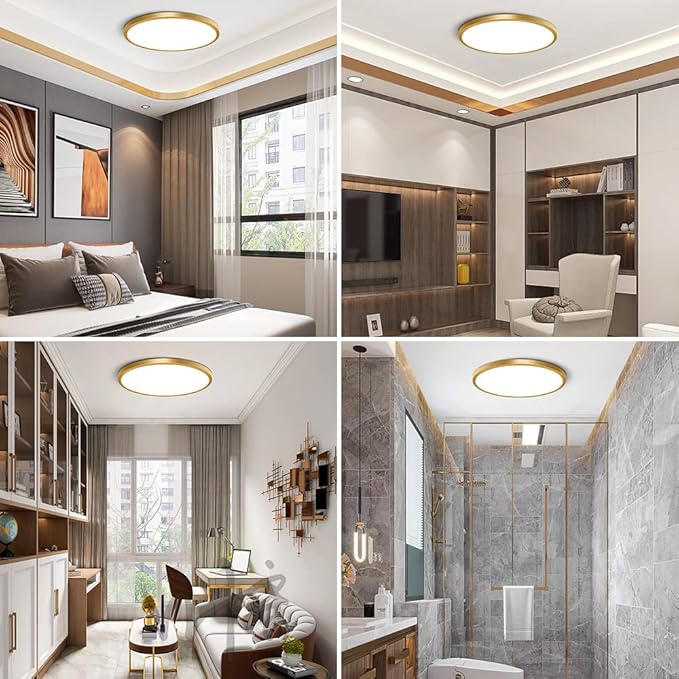 12 Inch Gold Flush Mount Ceiling Light, 2 Pack 24W 3200LM 5000K Daylight White LED Ceiling Light Fixture, Ultra Thin Round Flat Ceiling Light for Bedroom, Kitchen, Bathroom, Hallway