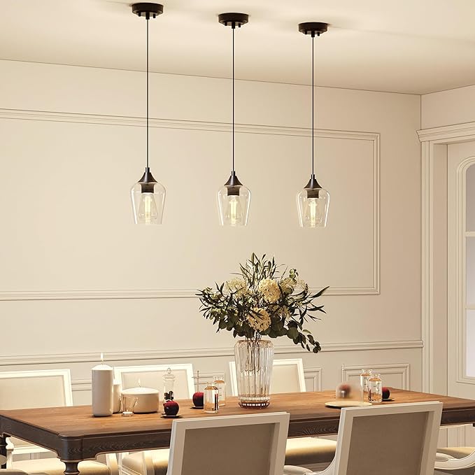 VONLUCE Pendant Light Kitchen Island, Matte Black Pendant Light Fixture with E26 Base & Adjustable Cable, Modern Pendant Lighting with Glass Shade for Living Room Bedroom Hallway