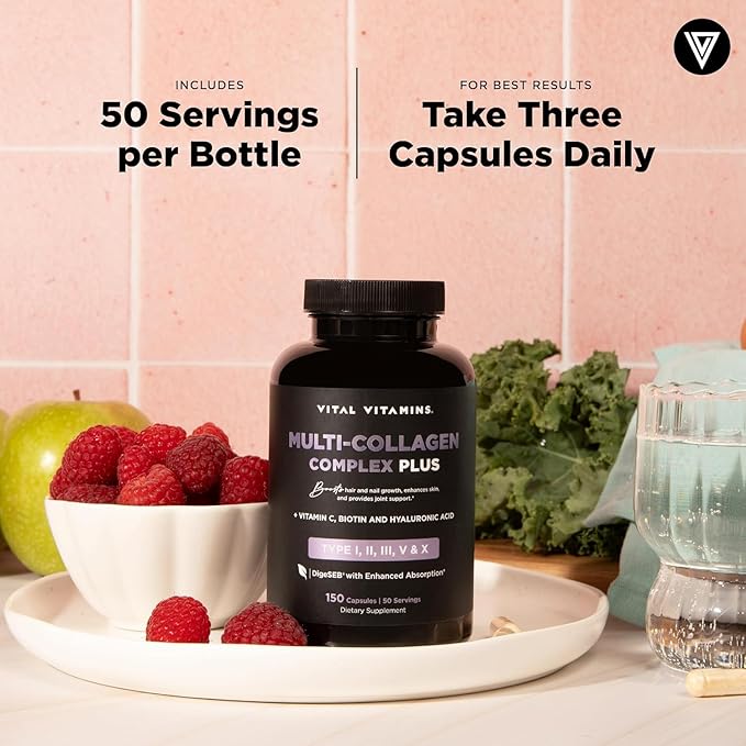 Vital Vitamins Multi Collagen Plus (2-Pack) - with Biotin, Hyaluronic Acid, Vitamin C - Type I, II, III, V, X - for Women & Men - Hair, Skin, Nails Beauty Complex