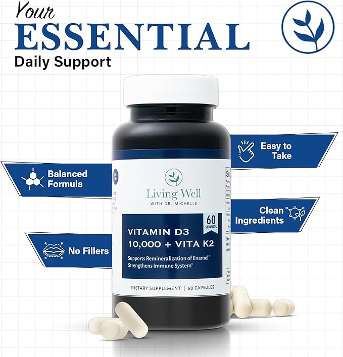 Vivre mieux avec la vitamine D3 10 000 UI et K2 du Dr Michelle – Soutien immunitaire, pour les dents et la santé osseuse, sans OGM, sans gluten et sans produits laitiers, approvisionnement de 60 jours, 60 capsules