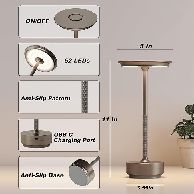 TBBGA 2 Pack Rechargeable Cordless Table Lamps, Portable 5000mAh Battery Table Light, 3 Color Stepless Dimming LED Table Light with Memory Function, for Outdoor/Dinner/Patio/Restaurant.(Light Cafe)
